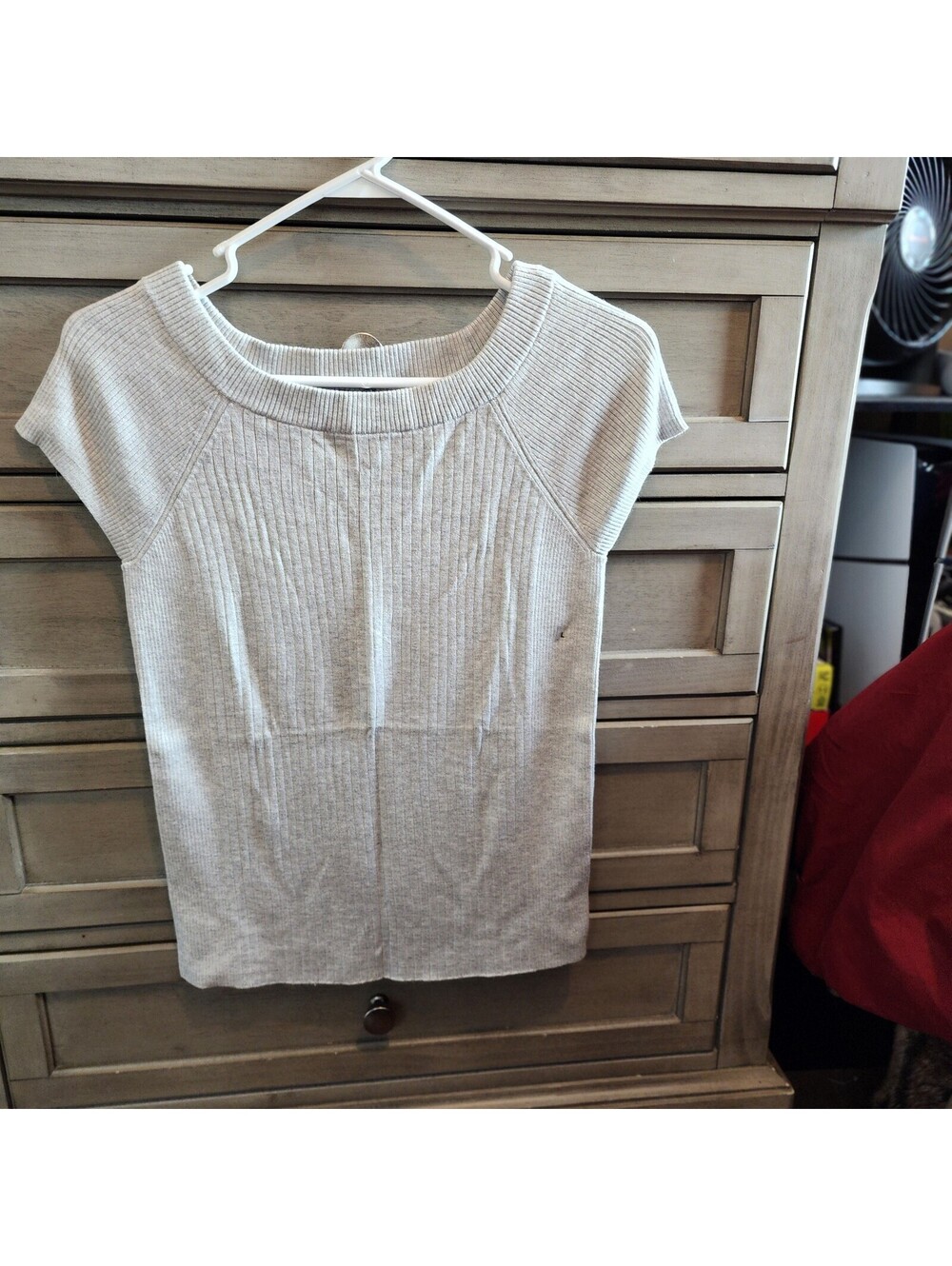 Express Gray Ribbed Knit Short Sleeve Boat Neck Pullover Sweater Size L